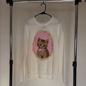 Cute Cat Sweater - Cream and Pink